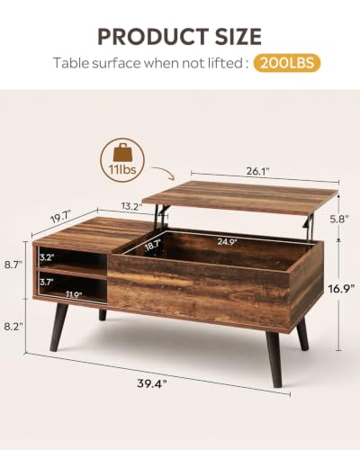 WLIVE Classic Brown Lift Top Coffee Table with Hidden Storage & Adjustable Shelf - 39"