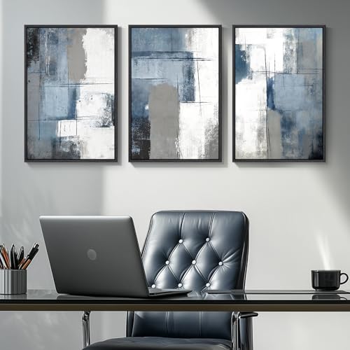 Cuspin 16x24 Inch Set of 3 Blue and Gray Abstract Modern Wall Art - Ash Blue Balance