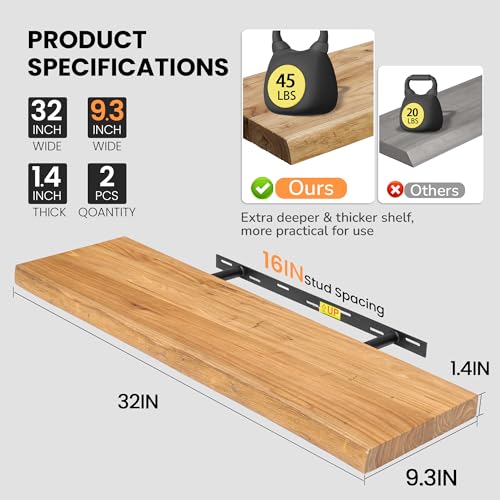 Fun Memories Natural Finish Live Edge Floating Shelves Set of 2, 32" Wide Wall Shelves