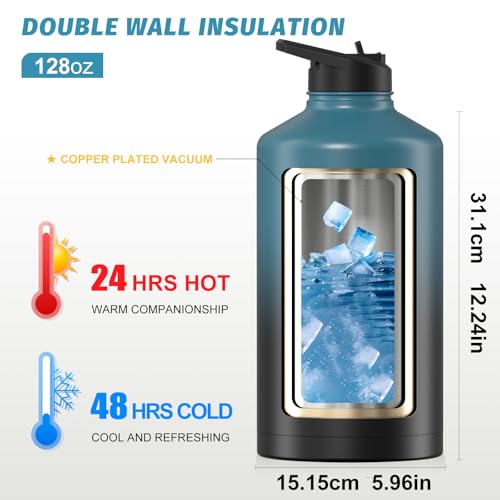 1 Gallon Water Bottle Insulated(Cold for 48 Hrs),BPA Free&Leak