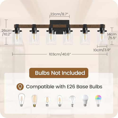 GOEBLESON 6-Light Bathroom Vanity Light Fixture with Glass Shades, Rustic Black & Brown