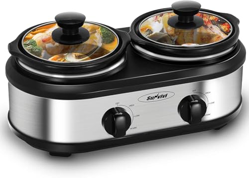 Sunvivi Silver Dual Slow Cooker Buffet Server with 2.5 Quarts, 3 Temp Settings