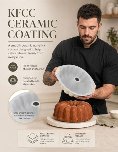 Cream Ceramic Fluted Cake Pan 12x10x3 Inches Nonstick Oven Safe Bakeware