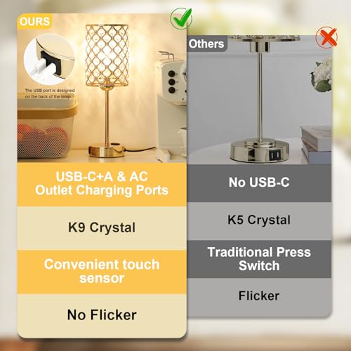 Hong-in Gold Crystal Nightstand Lamp with Touch Control - 1 Variation