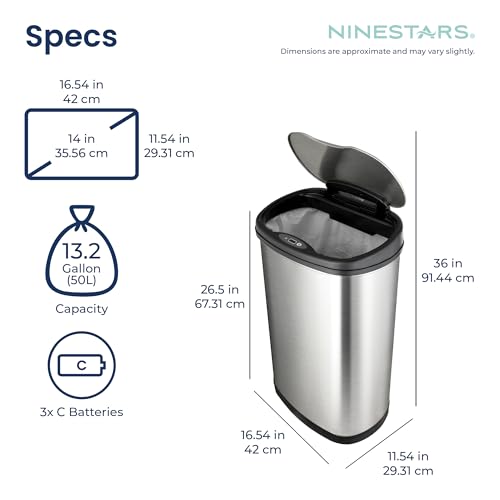 Touchless 13 Gallon Oval Trash Can with Odor Seal - Stainless Steel & Black
