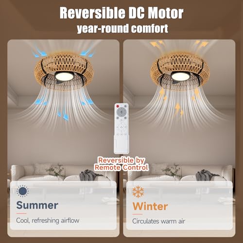 ocioc 20-inch Black Flush Mount Boho Rattan Ceiling Fan with Light Remote Control
