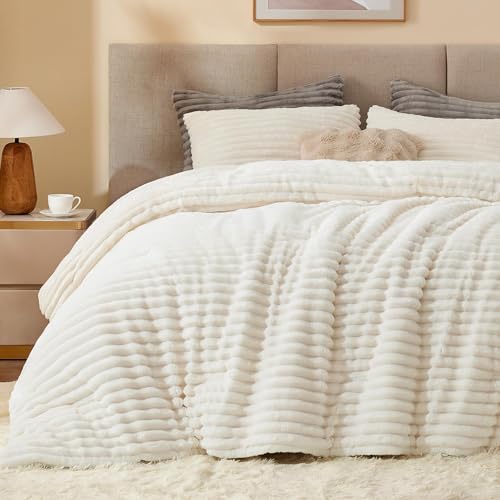 BEDELITE Queen Fleece Comforter Set Cream White - Luxury Fluffy Bed Bedding