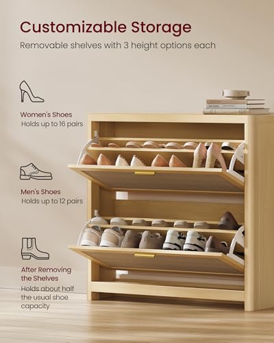 VASAGLE Boho Shoe Storage Cabinet - Slim Rattan Look Flip Drawers, Oak Beige - 9.4"D x 33.9"W x 32.9"H
