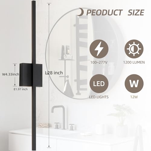 Black Wall Sconces Set of Two, 28 Inch Dimmable LED Bathroom Lights - Modern Minimalist Design