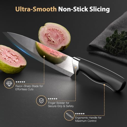 Amorston 14-Piece Kitchen Knife Set with Block & Sharpening Stone - Black