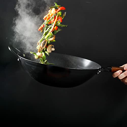 Babish 14-Inch Carbon Steel Flat Bottom Wok Pan for Stir Fry & Induction