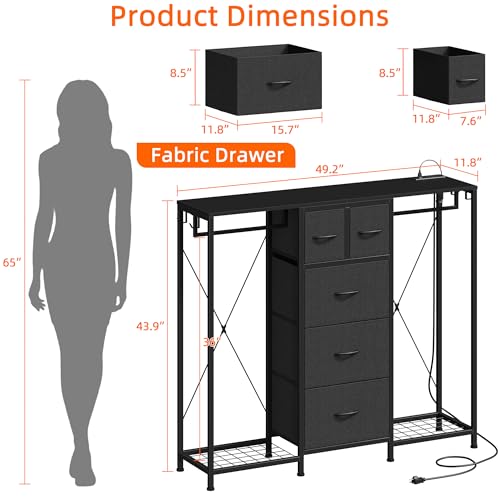 5-Drawer Dresser with Hanging Racks - Black, 49.2" Wide, Modern Storage
