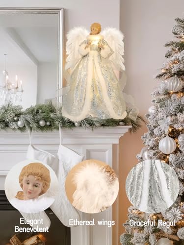 HOHOTIME Silver 14'' Angel Tree Topper with White Feather Wings & LED Light