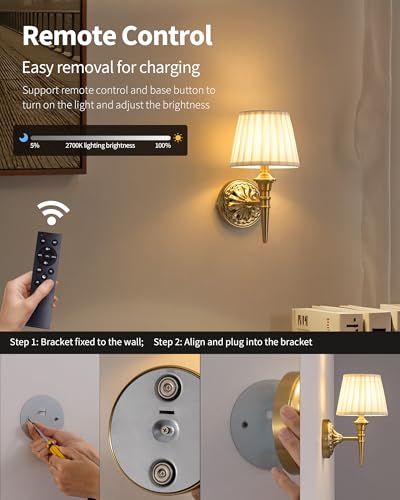 Gold & Beige Cordless Wall Sconces Set of 2 - Dimmable Fabric Lamps with Remote