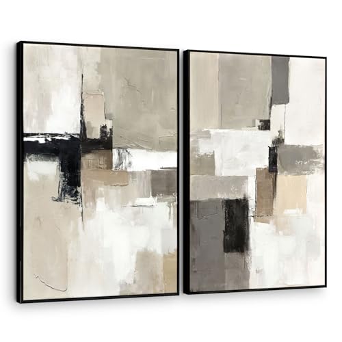 Framed Neutral Abstract Wall Art Set of 2 - 24x36 Inches, Beige Gray Black