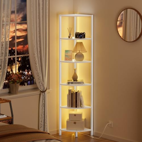 Furnulem 6-Tier Corner Shelf with LED Light - White Narrow Bookshelf