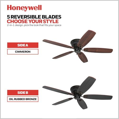 Honeywell Glen Alden 52 Inch Oil Rubbed Bronze Flush Mount Ceiling Fan - Reversible 3-Speed, Quiet Operation
