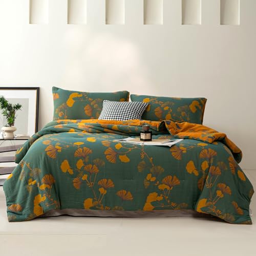 Reversible Cotton Jacquard Comforter Set - Floral Ginkgo Leaves Print, King, Green Yellow