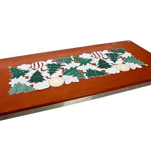 Christmas Tree Table Runner Christmas Ball 72 inches Long Green White Snowflake Embroidered Xmas Decoration Festive Holiday Cutwork Dining Table 70IN