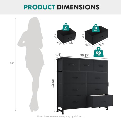9 Drawer Black Dresser for Bedroom Closet Storage Tower - 39.4 x 11.8 x 39.9 Inches