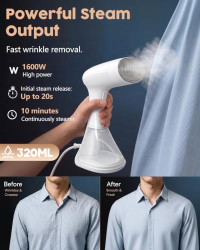 GEEZO 1600W Handheld Garment Steamer with White Water Tank, Portable Clothes Iron