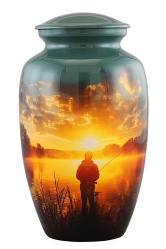 Gray Large Fishing Cremation Urn for Adult Ashes - Handmade Memorial Funeral Urn with Velvet Bag