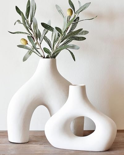 Carrot's Den Ceramic Vase Set of 2 - Warm White Modern Donut Shelf Decor