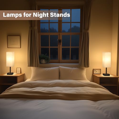 Fenmzee Cream Bedside Lamp Set of 2 - Small Nightstand Lamps with 3-Color Temp & USB Outlets