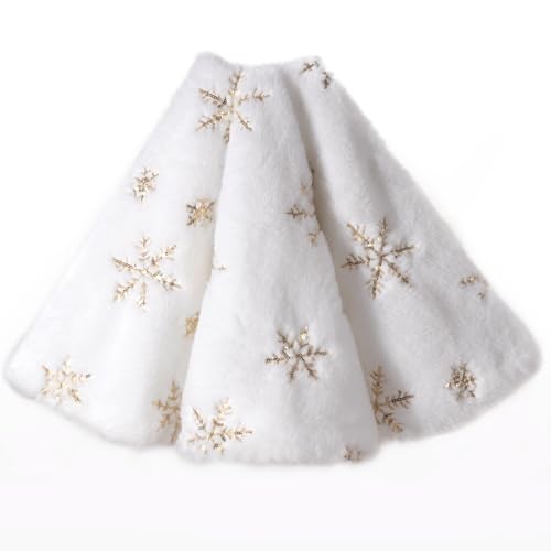 Tihulek 36-Inch White Faux Fur Christmas Tree Skirt with Gold Sequin Snowflakes - Perfect for 4-6FT Trees