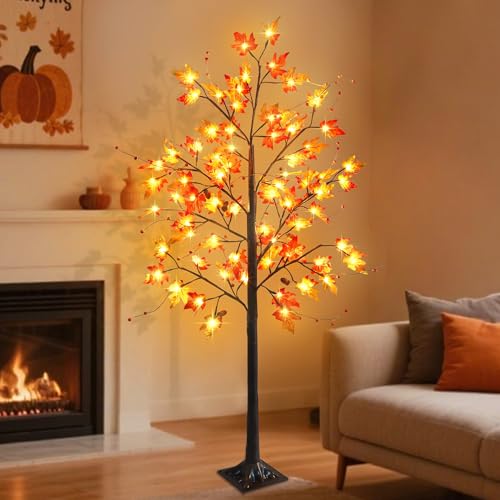FORUP 5FT Lighted Maple Tree with LEDs Autumn Fall Decor for Thanksgiving & Halloween