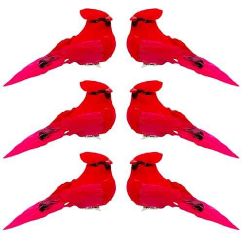 6pcs Red Cardinals Bird Decor Christmas Tree Ornaments 5.5Inch Clip on Fabric Feathered Artificial Birds for Xmas Party Decoration Wreath Crafts
