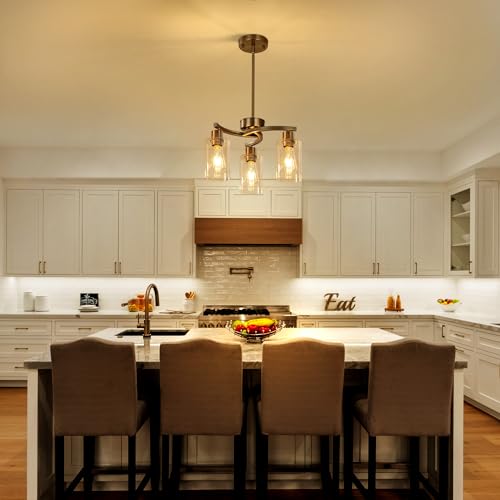 Syltherra 3-Light Brushed Nickel Pendant Light Fixture with Glass Shade - Modern Adjustable Kitchen & Dining Chandelier