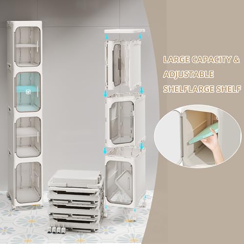 Narrow Slim Bathroom Storage Cabinet with Wheels - 4-Tier White, Foldable & Adjustable Shelves