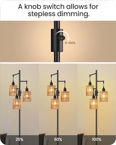 GOEBLESON Farmhouse Dimmable Floor Lamp Tall Standing Tree Lamp with Rope Woven Shades - 70.3" Boho Rattan Floor Light for Living Room Bedroom Office