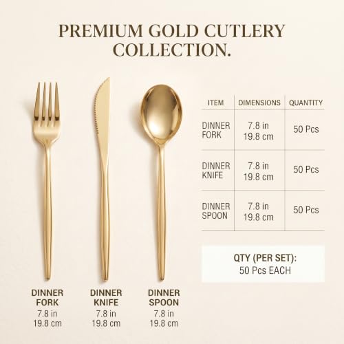 Gold Disposable Silverware Set - 150 Heavy Duty Plastic Utensils for Parties