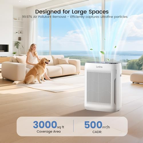 LUNINO Grey Large Room Air Purifier with H13 HEPA Filter, Covers 3000 Sq Ft
