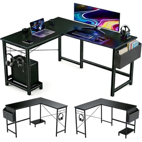 Reversible L Shaped Computer Desk with CPU Stand - Deep Black, 50 Inch