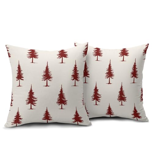 Aportt 18x18 Inch Red Pine Tree Christmas Pillow Covers Set of 2 Rustic Forest Holiday Decor