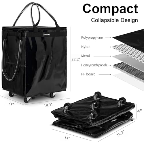 Large Reusable Grocery Bag on Wheels - Foldable Rolling Tote with 3 Handles, Zipper Closure, Heavy Duty 5 Wheels, Capacity 76 lbs - Black (Variation: Large / Black)