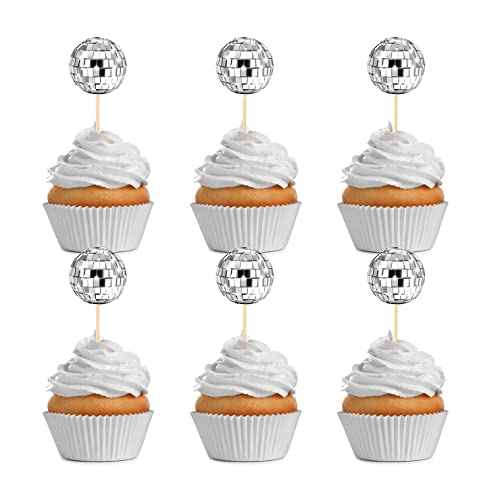 24 Pcs Disco Ball Cupcake Toppers Mini Dancing Cake Decorations for 1970s Birthday New Year Theme Party