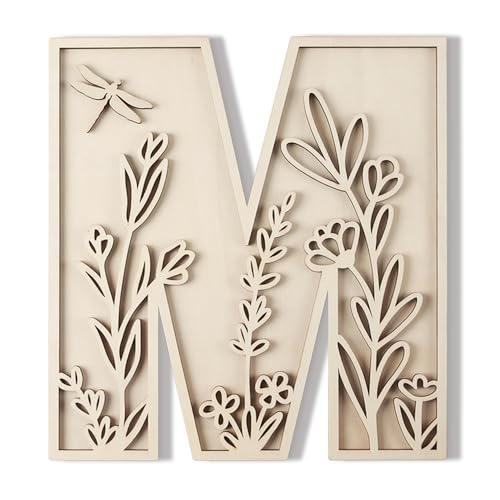 Layered 12 Inch Large Wooden Letters for Wall Decor, Flowered Paintable Wooden Nursery Letters for Crafts Wood Alphabet Letter M for Birthday Boho Nursery Name Sign Wedding Home Decoration