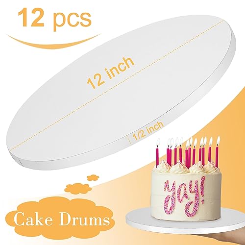 Sudaya 12 Inch Cake Drums Pack of 12 - Round White Cardboard Cake Boards for Wedding & Baking - 1/2 Inch Thick, Greaseproof Base