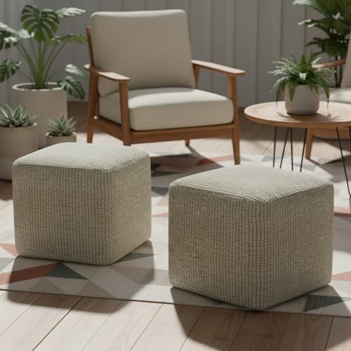 SIMPLIHOME Zelma 18-Inch Square Pouf in Cream/Natural Eco-Friendly PET Polyester - Indoor/Outdoor Supportive Seat