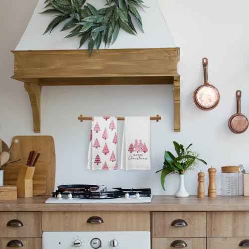 Pink Christmas Tree Kitchen Towels and Dishcloths Set of 2, Pink Christmas Decor, Pink Dish Towels, Merry Christmas Decorative Hand Towels for Bathroom Kitchen Girls Dorm Room, 16¡¿24 Inches