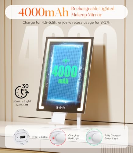 Gospire Lighted Makeup Mirror with 4000mAh Rechargeable Battery, 19.7" x 11.8" - Hollywood Vanity Mirror with 70° Swivel & Magnification