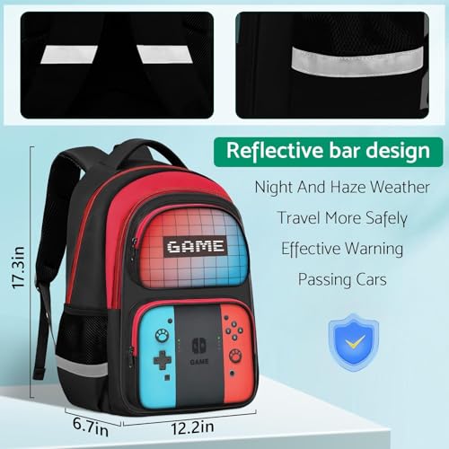 Kids Backpack Set for Boys - 17-Inch Gamer School Bookbag, Red & Blue