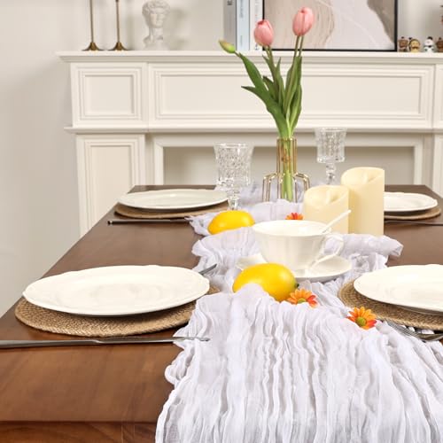 Peppmily 16 Pack White Cheesecloth Table Runners 23 x 120 Inch - 10Ft Set for Events