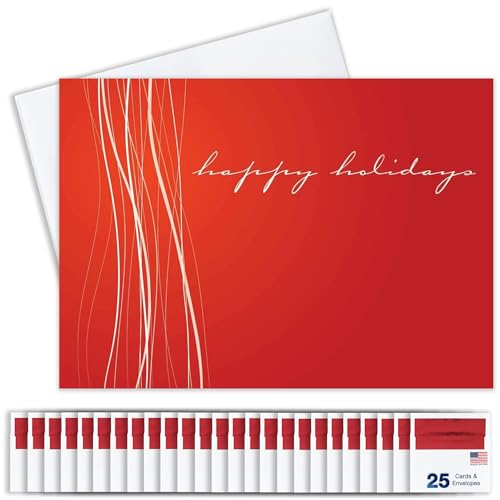 Happy Holiday Cards with Red Foil Lined Envelopes 25-Pack - Ribbons Variation