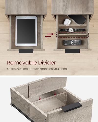 VASAGLE Slim Nightstand with Charging Station - Heather Greige + Ink Black, 23.6"D x 11.8"W