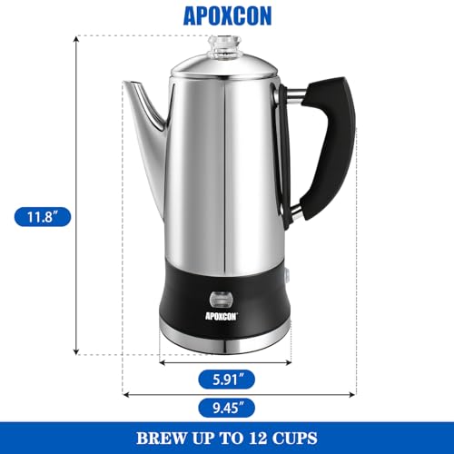 Electric Coffee Percolator 12-Cup Stainless Steel Coffee Maker with Glass Knob & Keep Warm